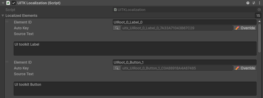 UITKLocalization component in the inspector